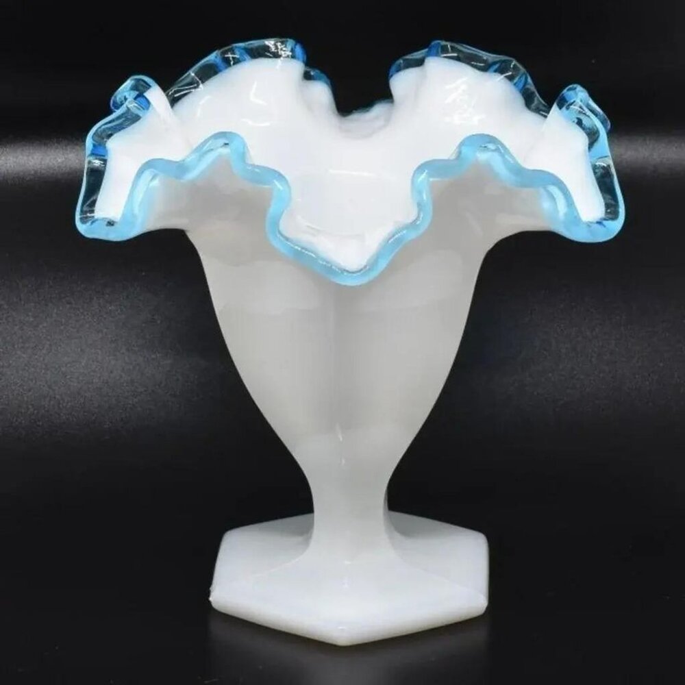 Trumpet Vase, White Glass with Aqua 6 Point Ruffle, Fenton, 1970s